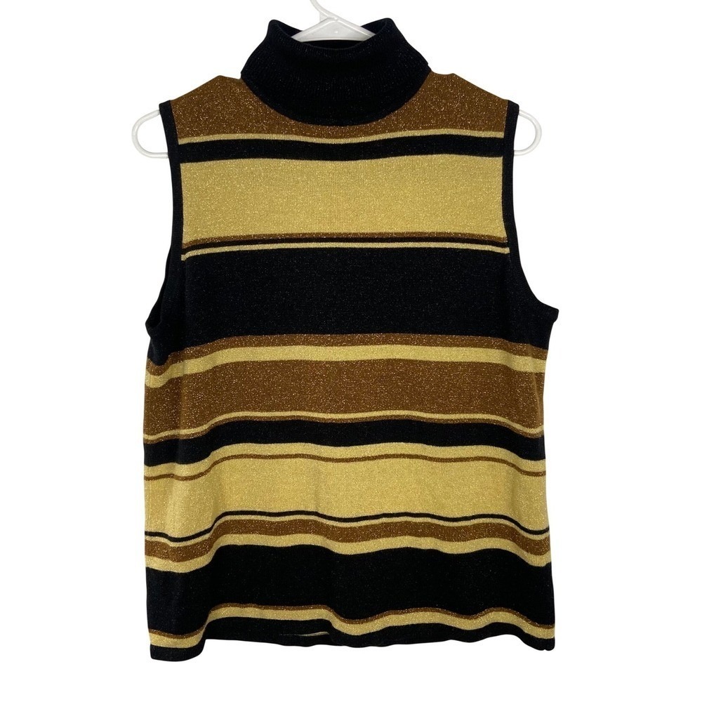Sag‎ Harbor Womens Sleeveless Turtleneck Sweater Metallic Striped Gold Black L